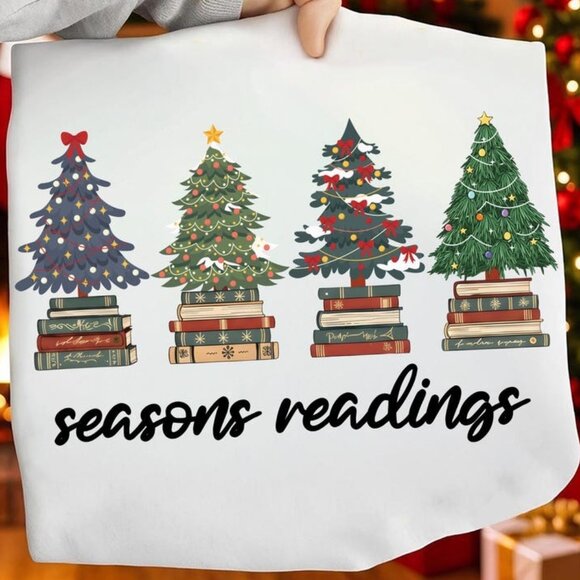 Tops - Book Lover Christmas Graphics Tee, Cozy Holiday Reading Tree Tee